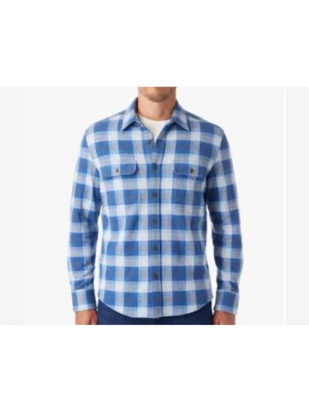 Fair Harbor Dunewood Ultra-Stretch Flannel Shirt Wave Blue Plaid Mens Large